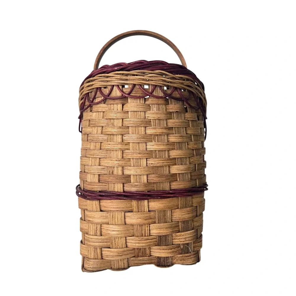 Vintage Signed Artisan Woven Splint Garden Gathering Basket Wood Handle 1996
